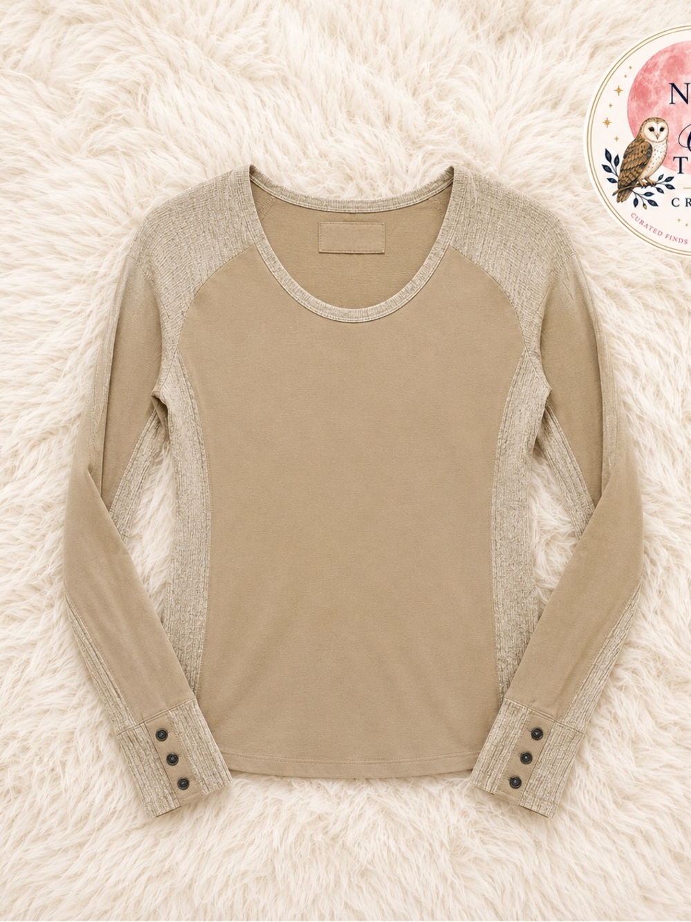Oli & Hali Shirt Women’s Size Large ~ Beige Long Sleeve Fall Mixed Fabric Layers